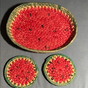 Woven watermelon tray and two trivets